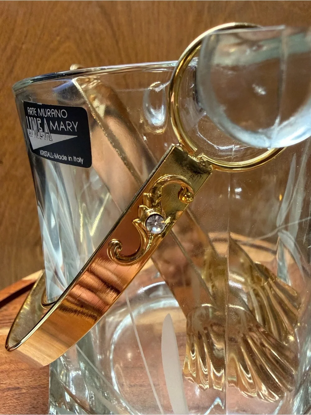 Vintage Arte Murano Linea Mary Crystal Ice Bucket Gold Tone Handle Tongs Italy